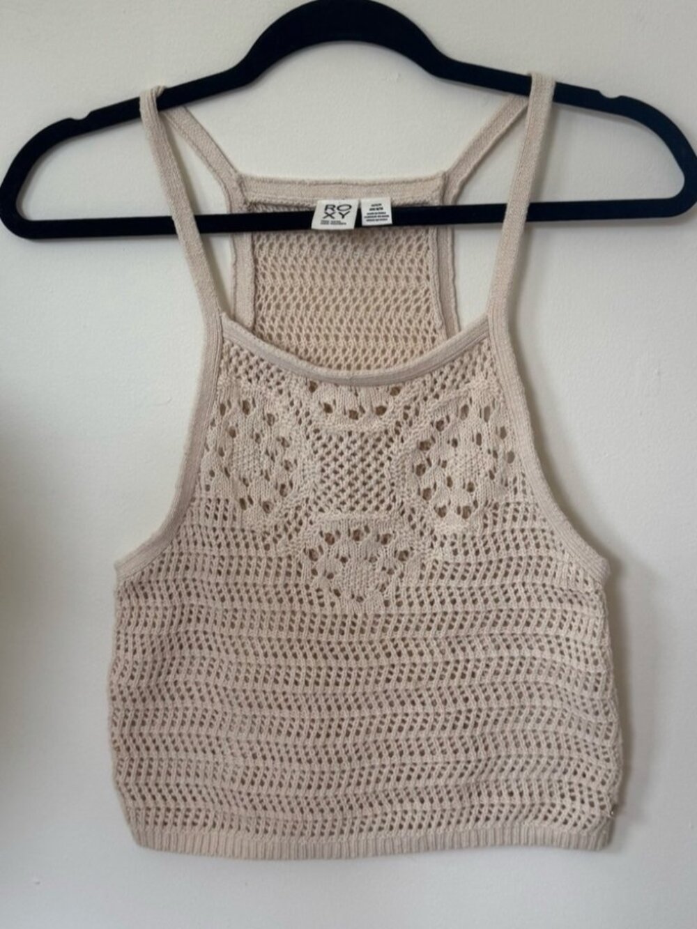 Crochet Knit Crop Top Tan Halter Style Sleeveless